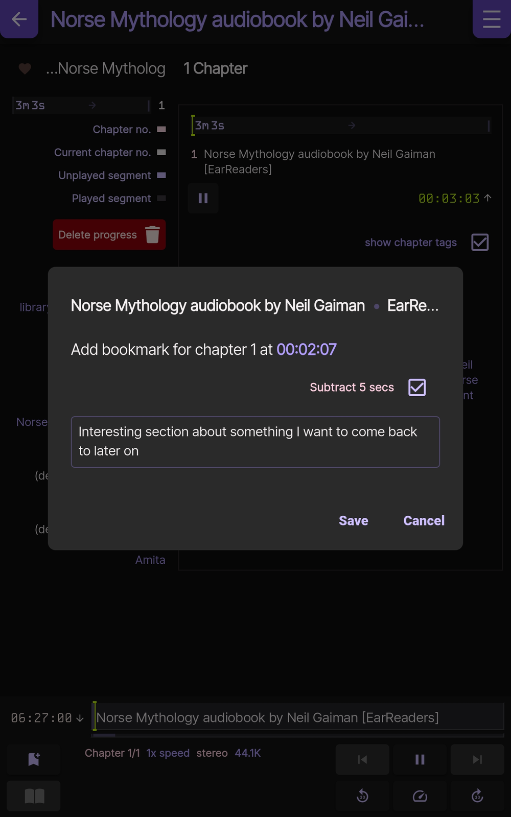 Entering a bookmark and note