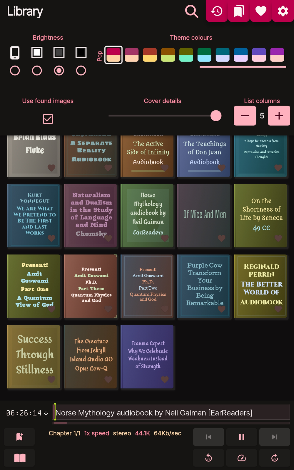 Library page with theme chooser open